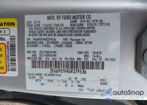 2016 Ford Fusion Se из США, поврежденный, VIN 3FA6P0T94GR379536